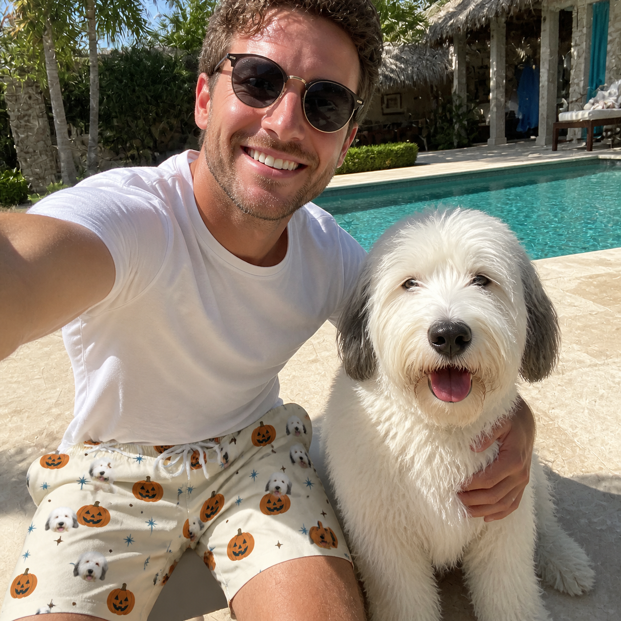 Selfie with the pet whose face is printed all over this Men's Lantern Laughs Custom Dog Face Beach Shorts