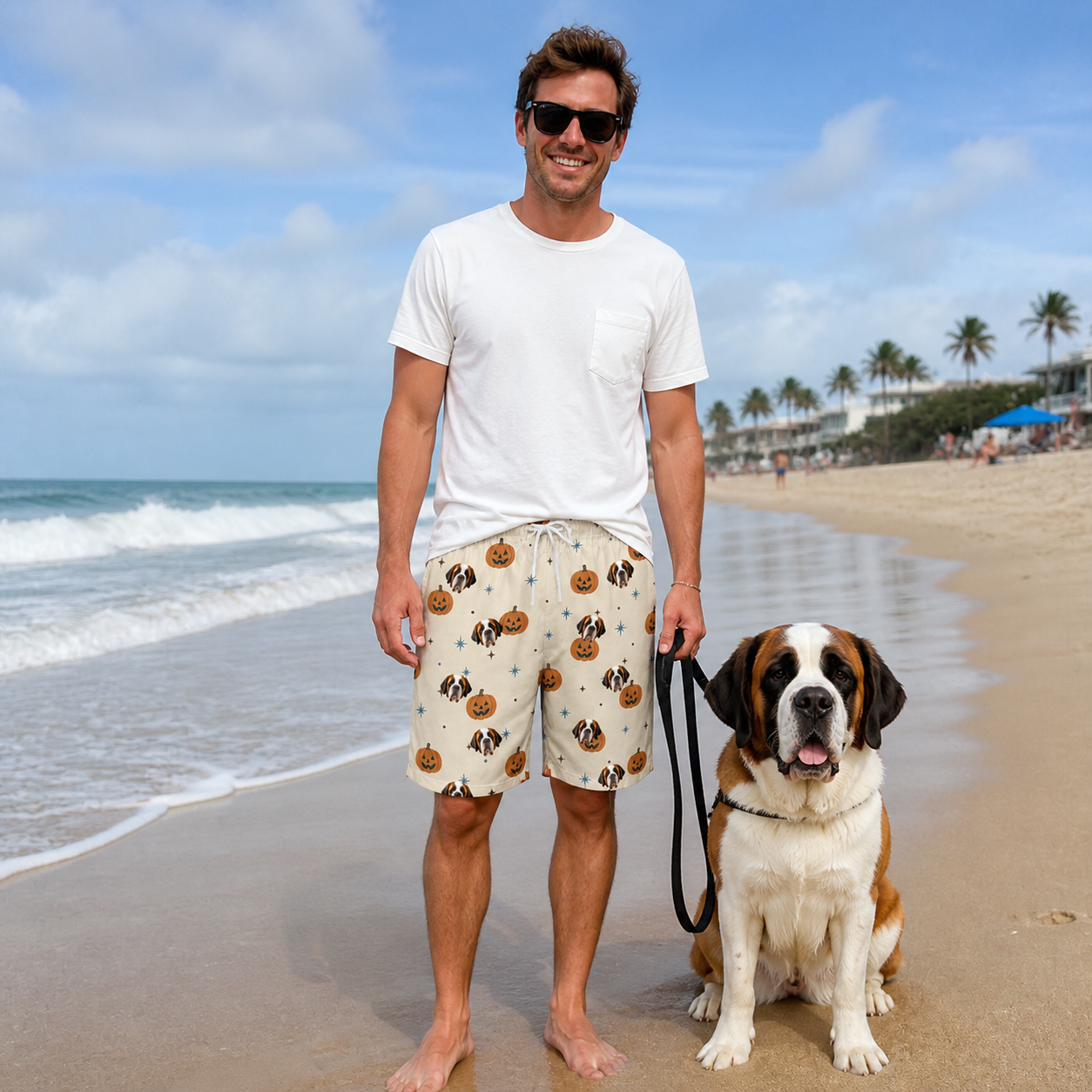 Full-length photo with the pet printed all over this Men's Lantern Laughs Custom Dog Face Beach Shorts