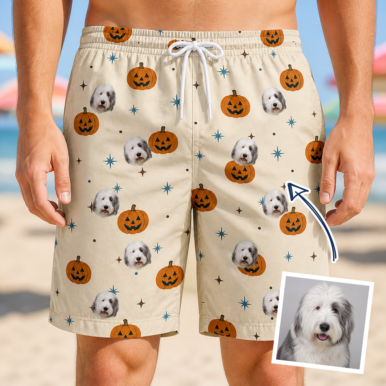 Man wearing Men's Lantern Laughs Custom Dog Face Beach Shorts — custom faces printed all-over