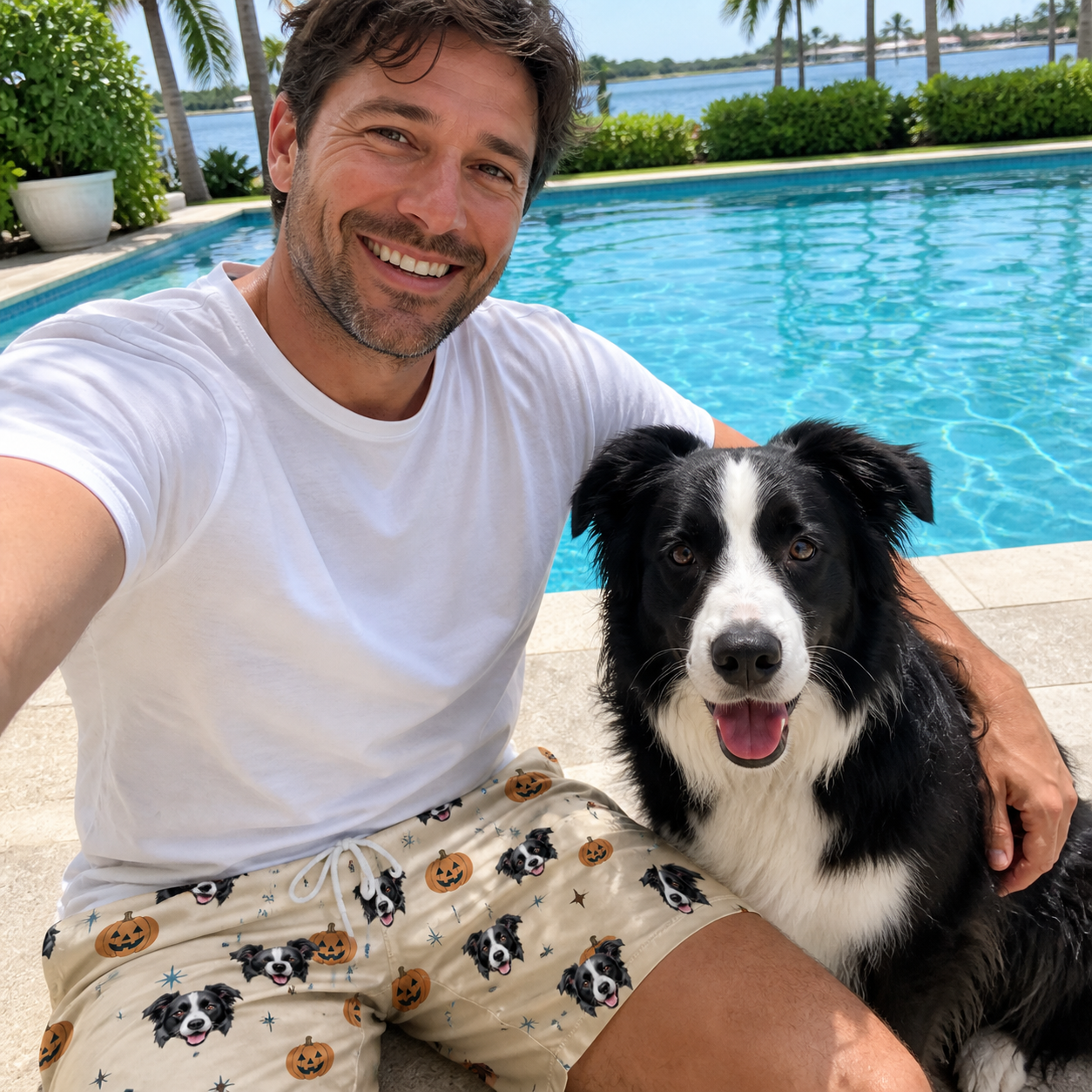 Selfie with the pet whose face is printed all over this Men's Lantern Laughs Custom Dog Face Beach Shorts