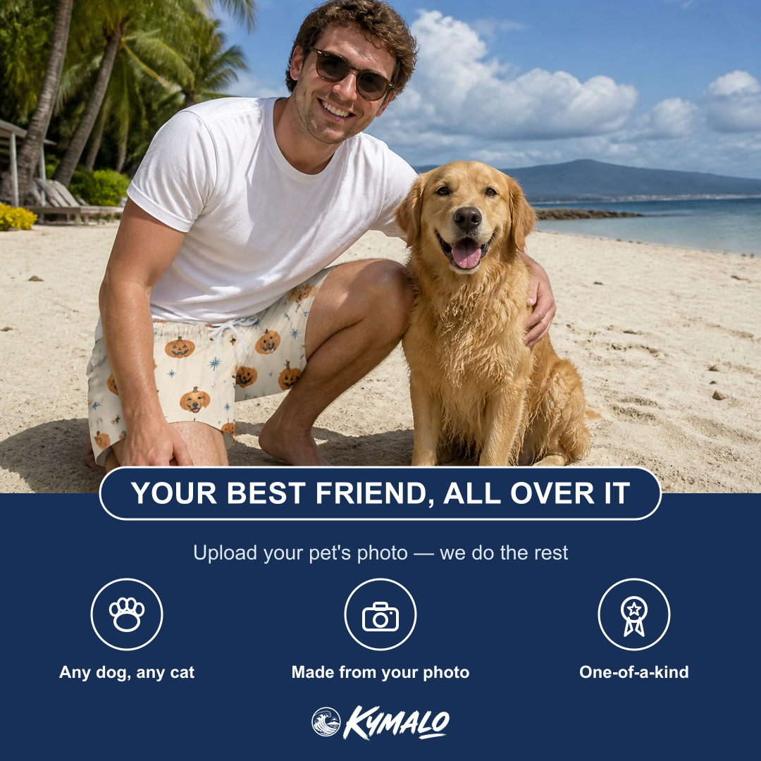 Friends in matching Men's Lantern Laughs Custom Dog Face Beach Shorts — a group gift photo