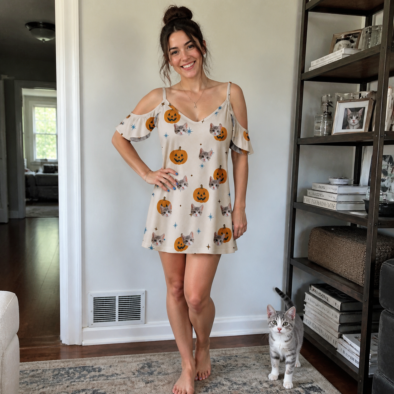 Full-length photo with the pet printed all over this Women's Lantern Laughs Custom Cat Face Off-Shoulder Dress