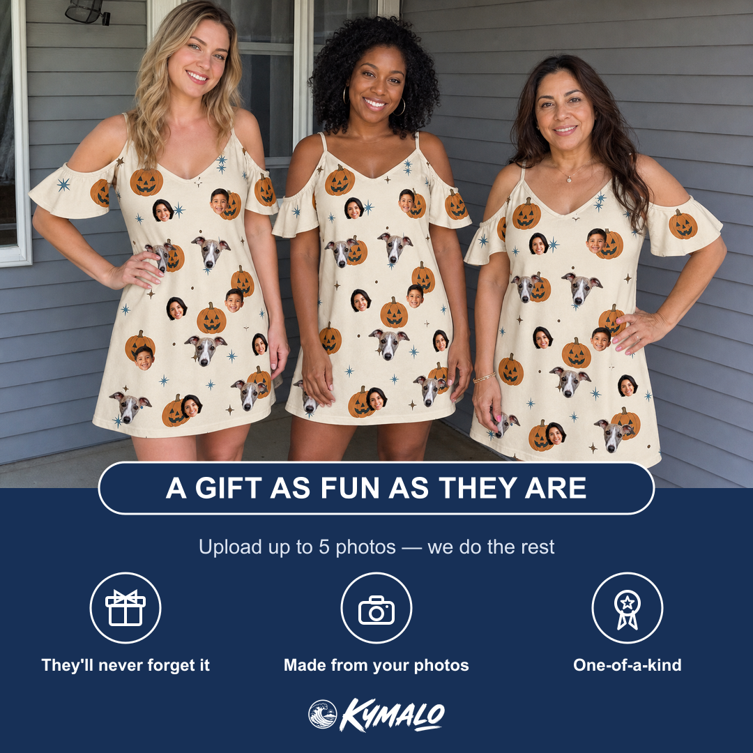 Friends in matching Women's Lantern Laughs Custom Face Off-Shoulder Dress — a group gift photo