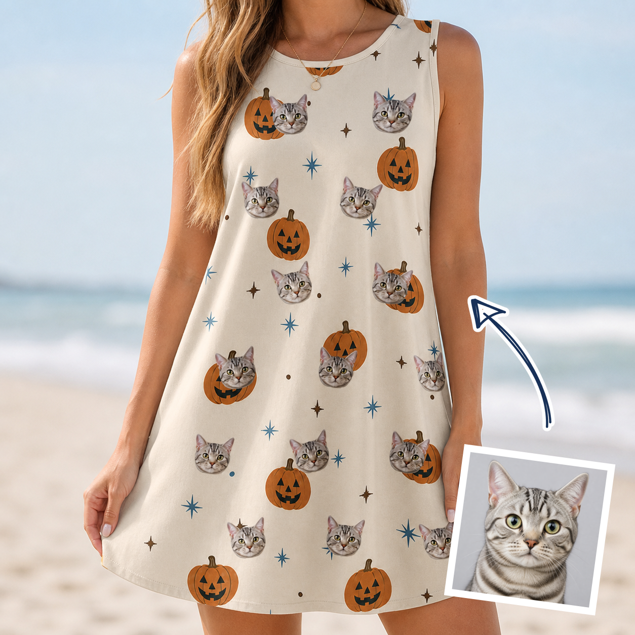 Woman wearing Women's Lantern Laughs Custom Cat Face Tank Dress — custom faces printed all-over