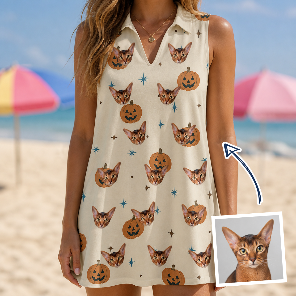 Woman wearing Women's Lantern Laughs Custom Cat Face V-Neck Dress — custom faces printed all-over