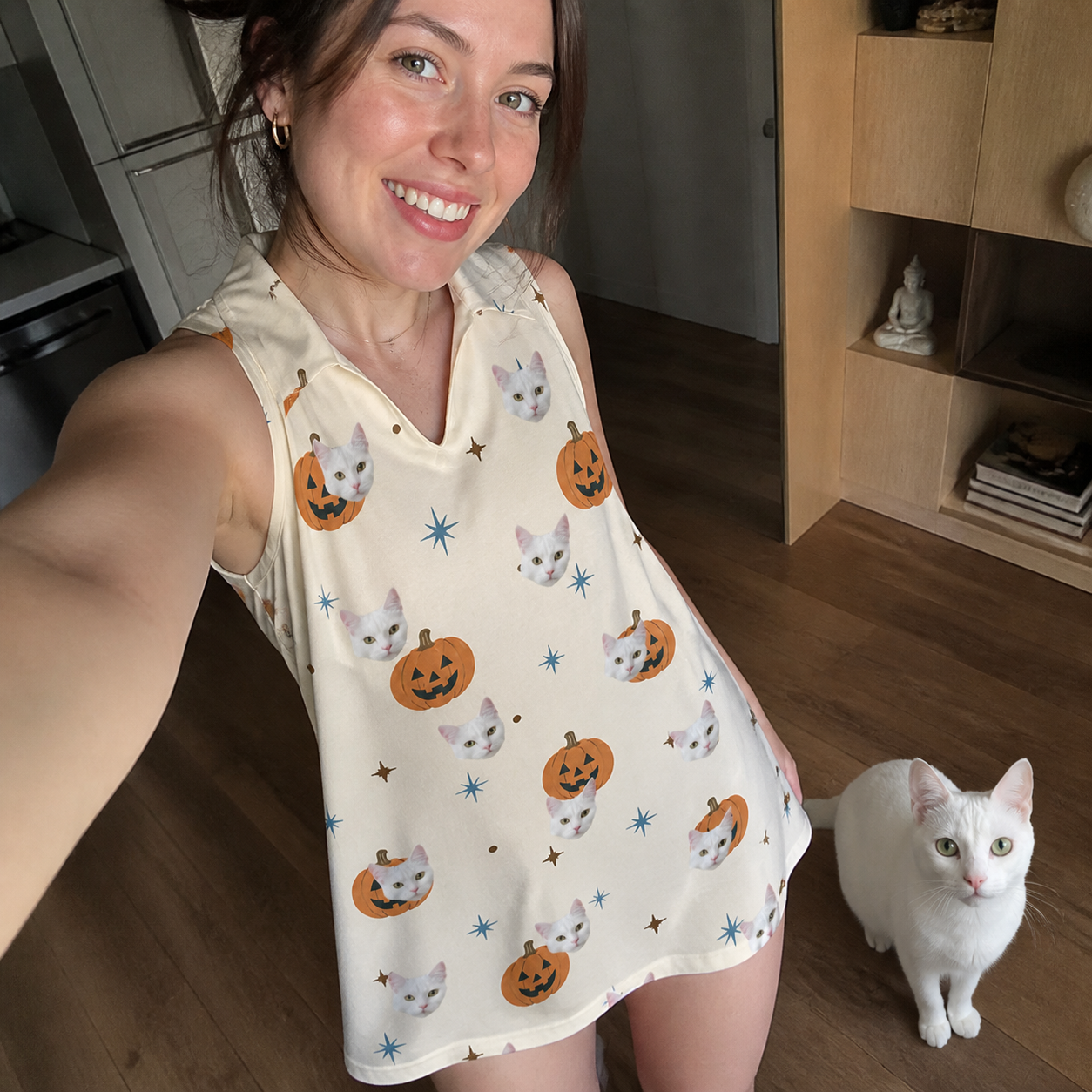 Selfie with the pet whose face is printed all over this Women's Lantern Laughs Custom Cat Face V-Neck Dress