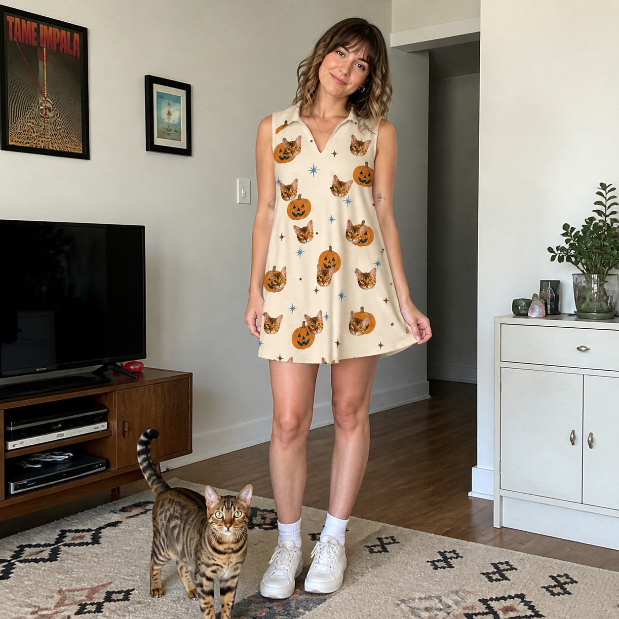 Full-length photo with the pet printed all over this Women's Lantern Laughs Custom Cat Face V-Neck Dress
