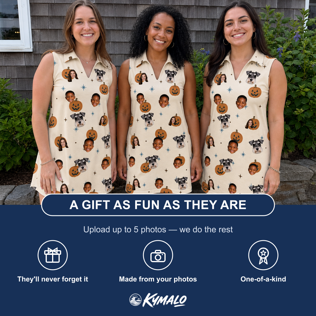 Friends in matching Women's Lantern Laughs Custom Face V-Neck Dress — a group gift photo