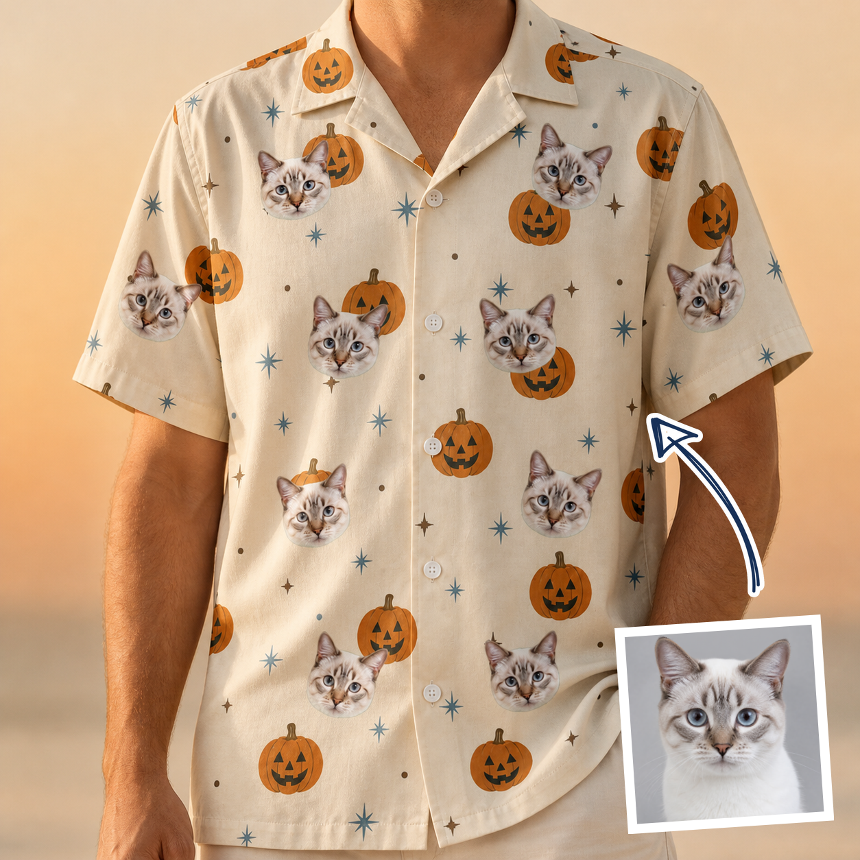 Man wearing Men's Lantern Laughs Custom Cat Face Hawaiian Shirt — custom faces printed all-over