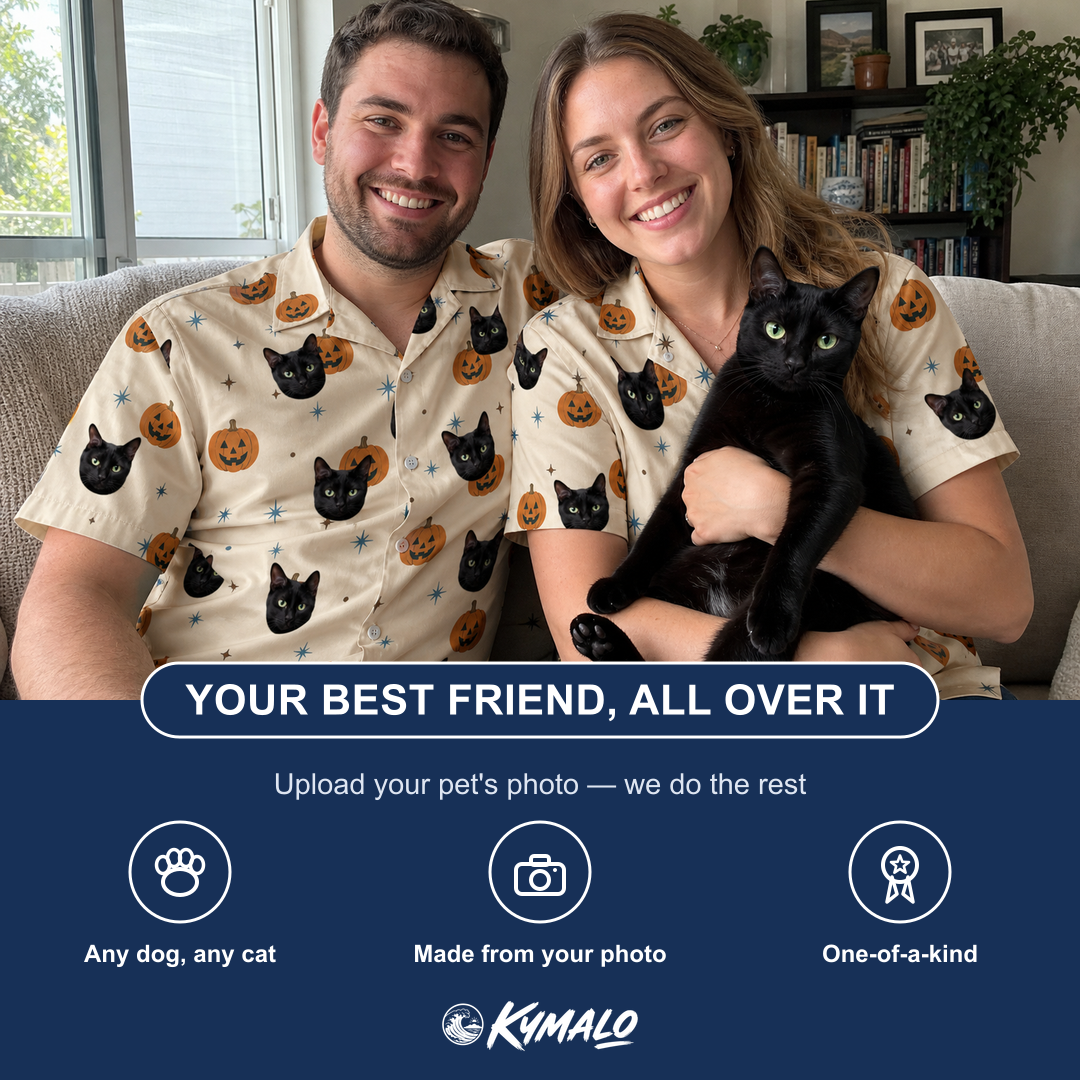 Friends in matching Men's Lantern Laughs Custom Cat Face Hawaiian Shirt — a group gift photo