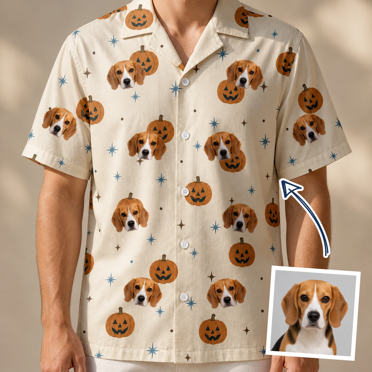 Man wearing Men's Lantern Laughs Custom Dog Face Hawaiian Shirt — custom faces printed all-over