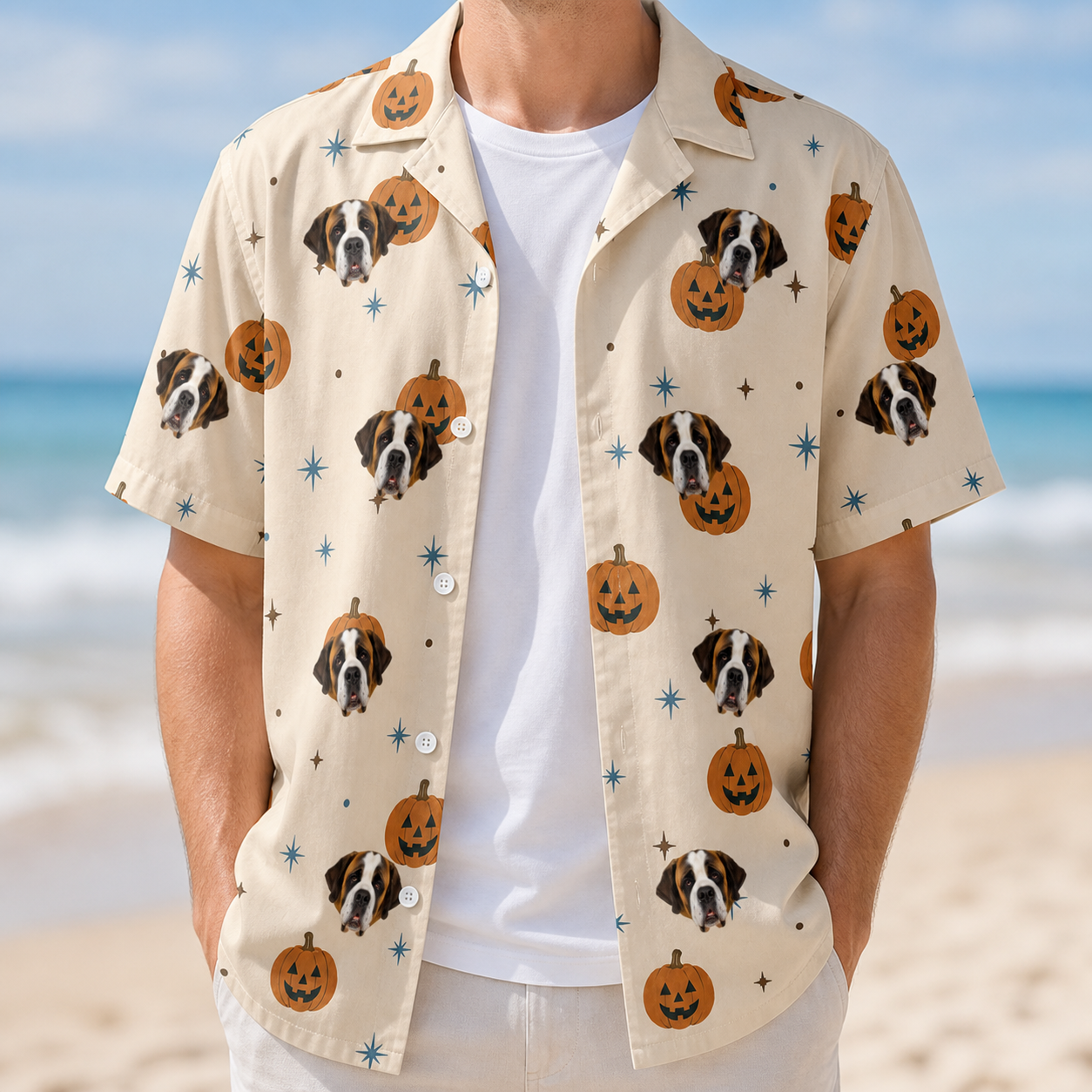 Man wearing Men's Lantern Laughs Custom Dog Face Hawaiian Shirt open over a white tee