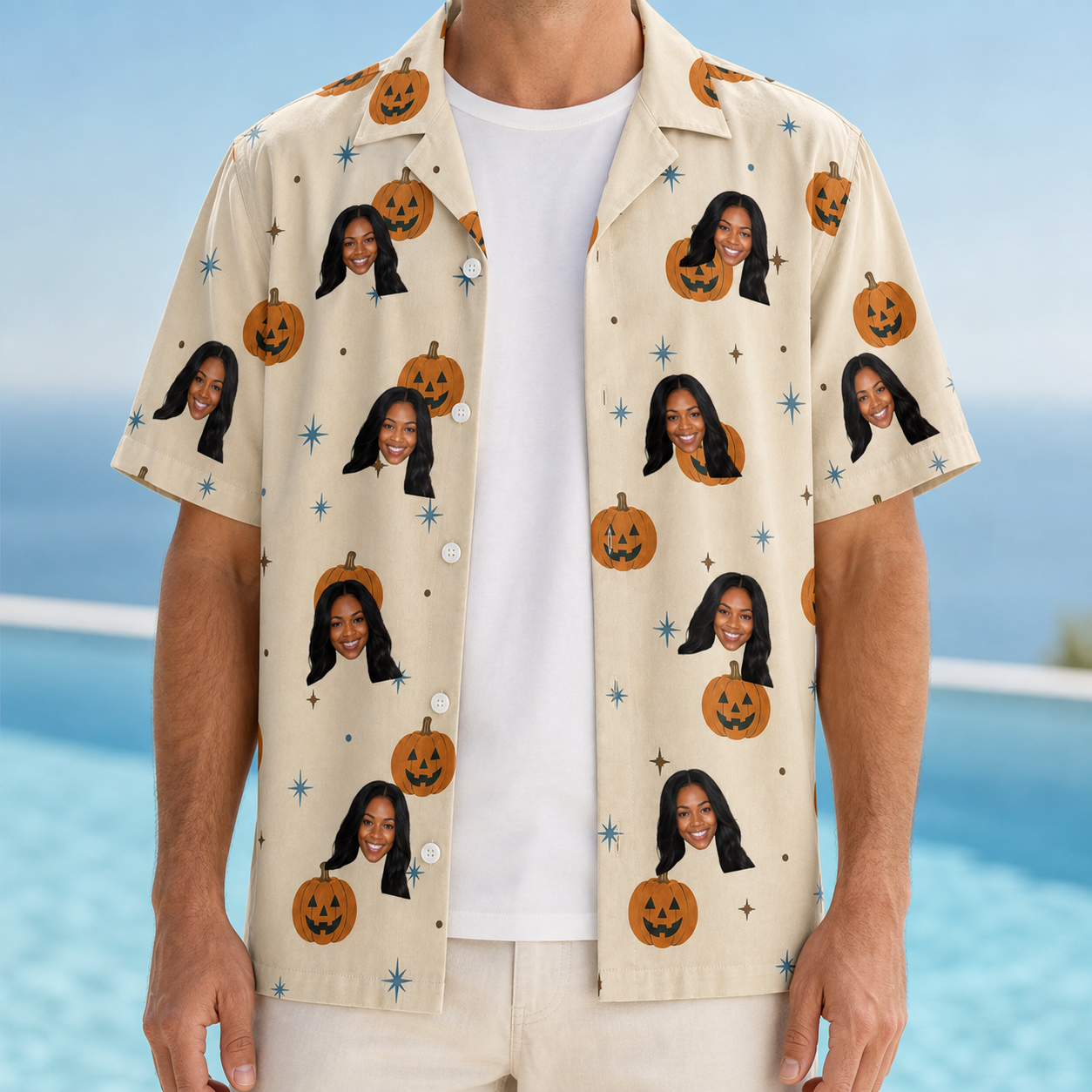 Man wearing Men's Lantern Laughs Custom Face Hawaiian Shirt open over a white tee
