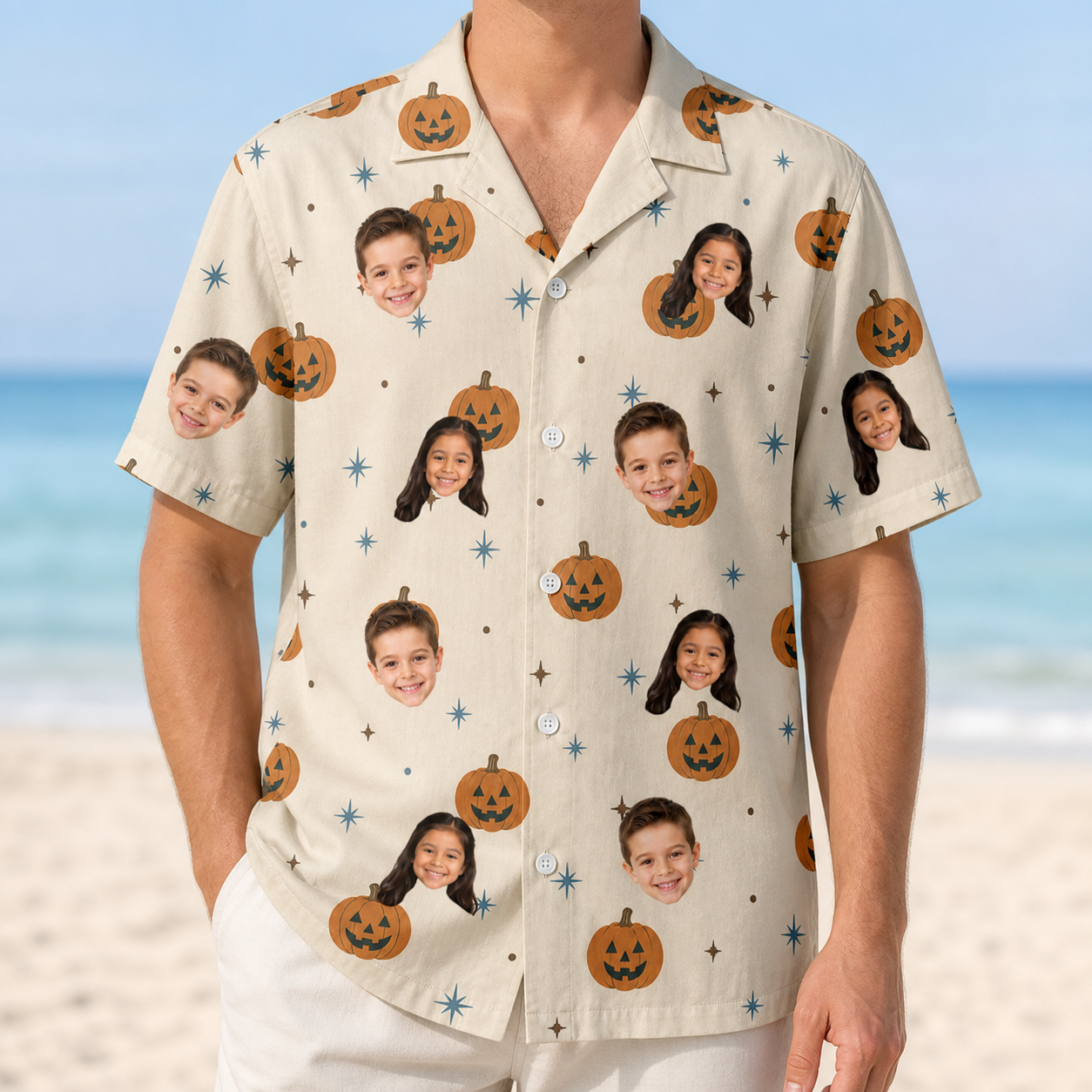 Model wearing Men's Lantern Laughs Custom Face Hawaiian Shirt printed with kids' faces