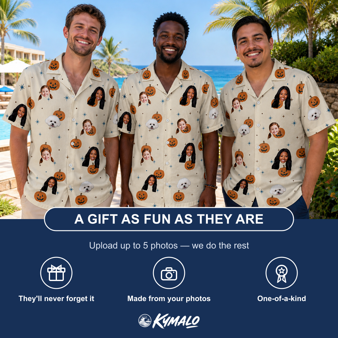 Friends in matching Men's Lantern Laughs Custom Face Hawaiian Shirt — a group gift photo