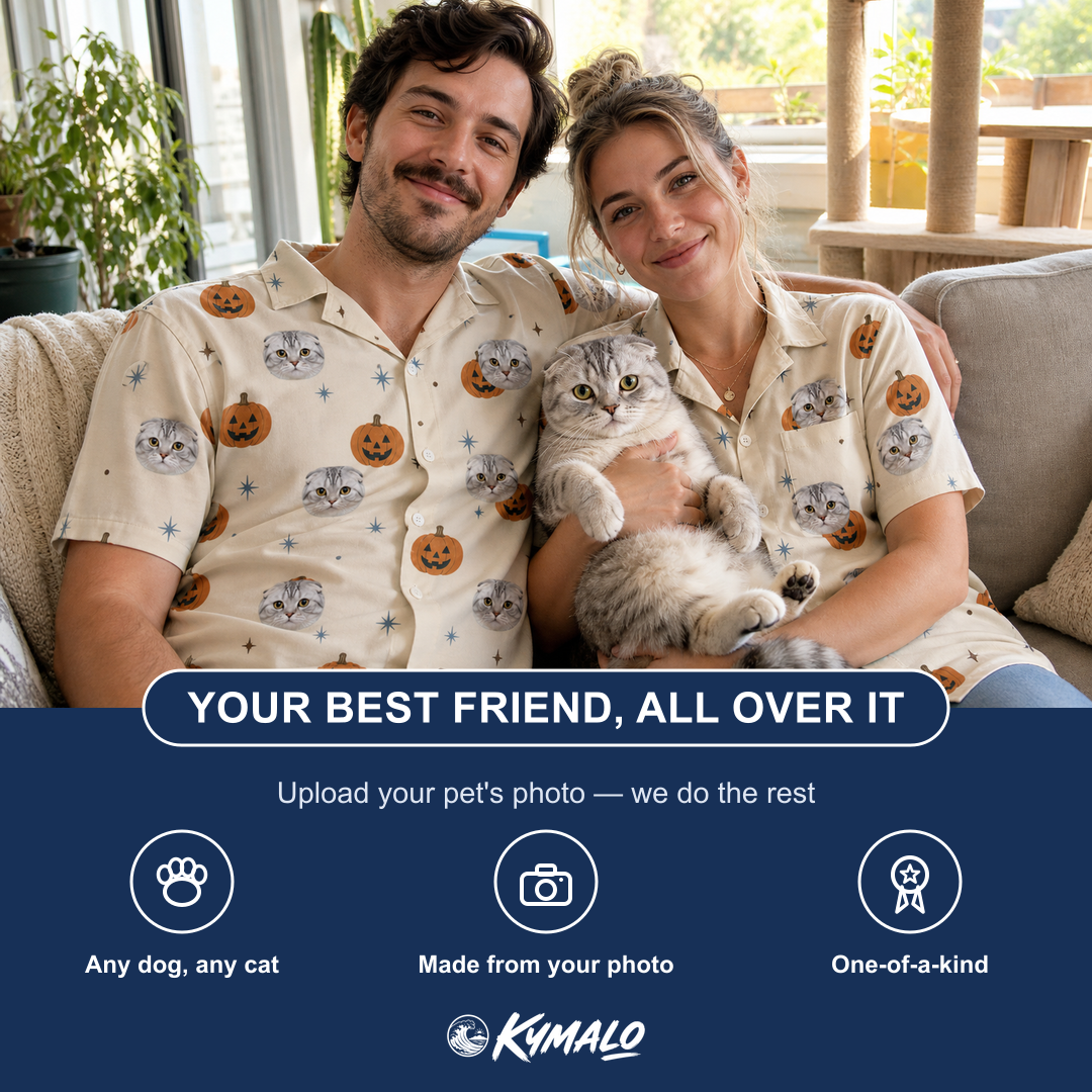 Friends in matching Women's Lantern Laughs Custom Cat Face Hawaiian Shirt — a group gift photo