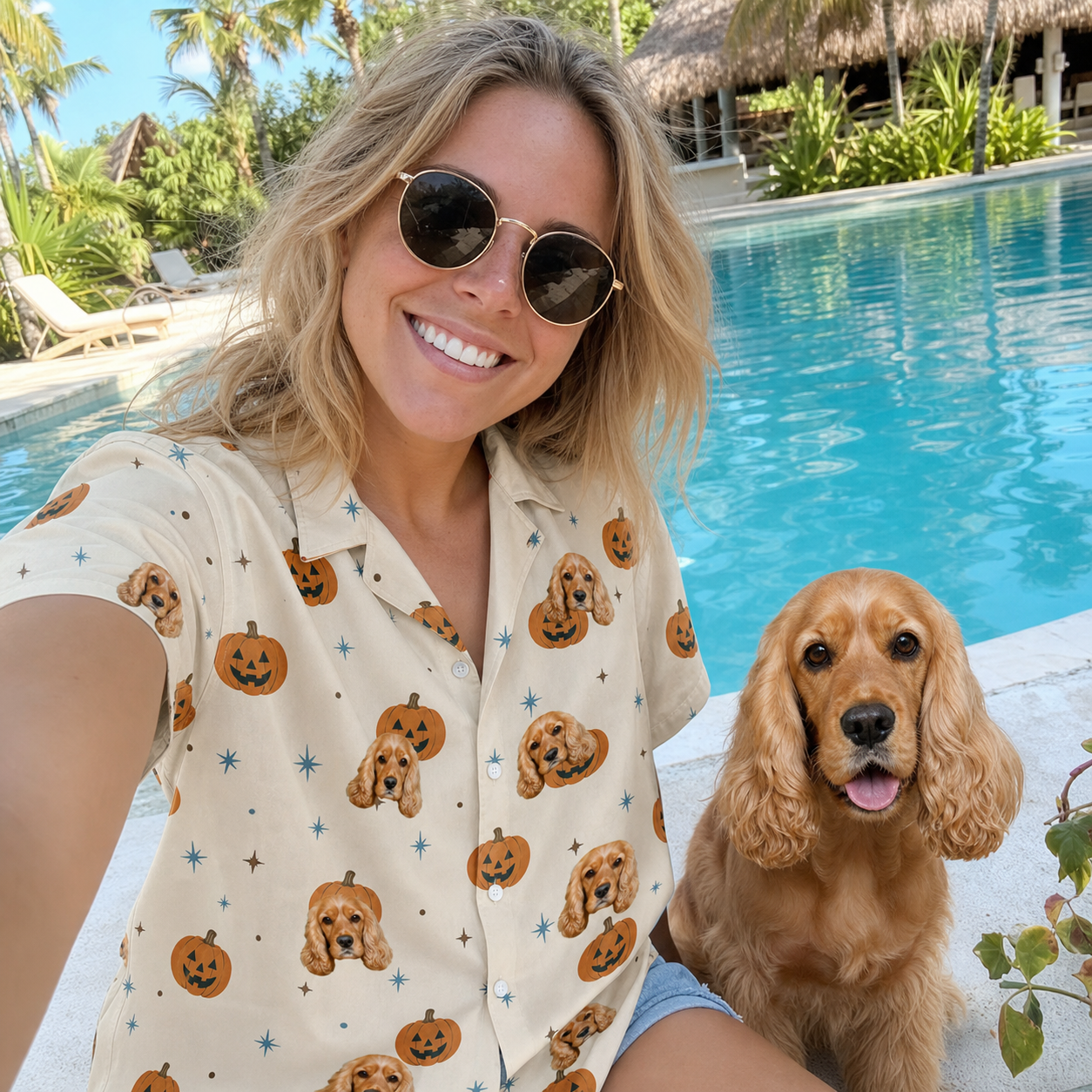 Selfie with the pet whose face is printed all over this Women's Lantern Laughs Custom Dog Face Hawaiian Shirt