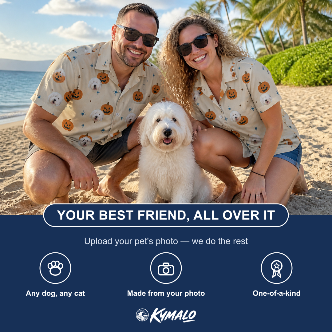 Friends in matching Women's Lantern Laughs Custom Dog Face Hawaiian Shirt — a group gift photo