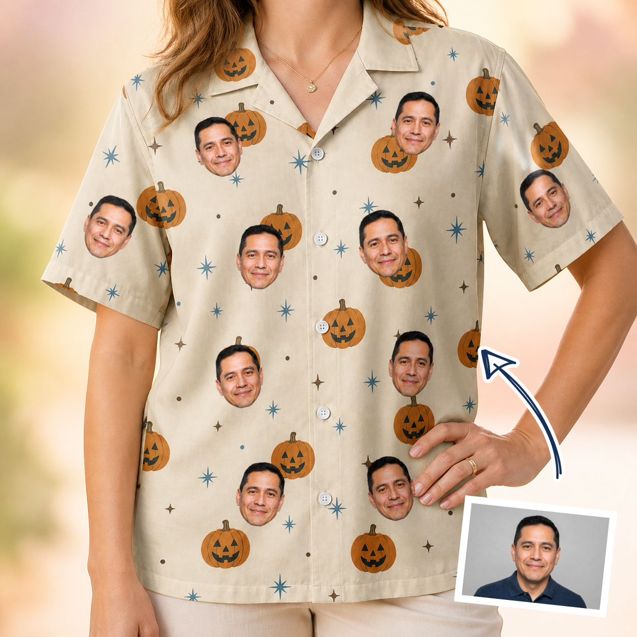 Woman wearing Women's Lantern Laughs Custom Face Hawaiian Shirt — custom faces printed all-over