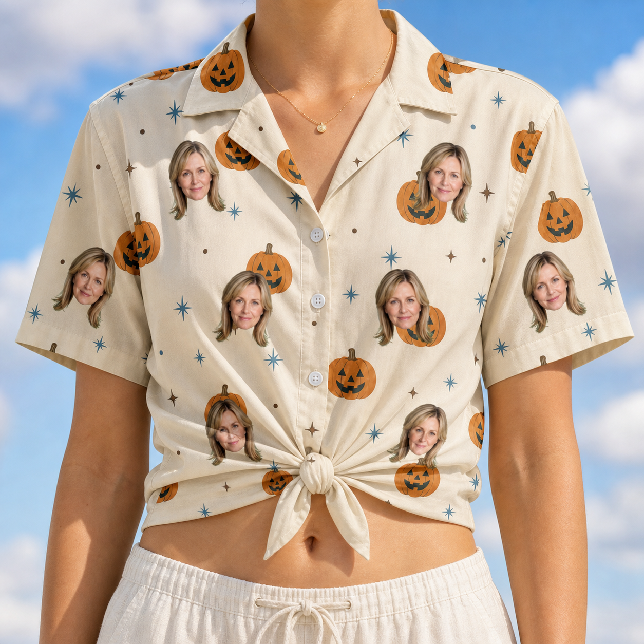 Woman wearing Women's Lantern Laughs Custom Face Hawaiian Shirt tied at the waist