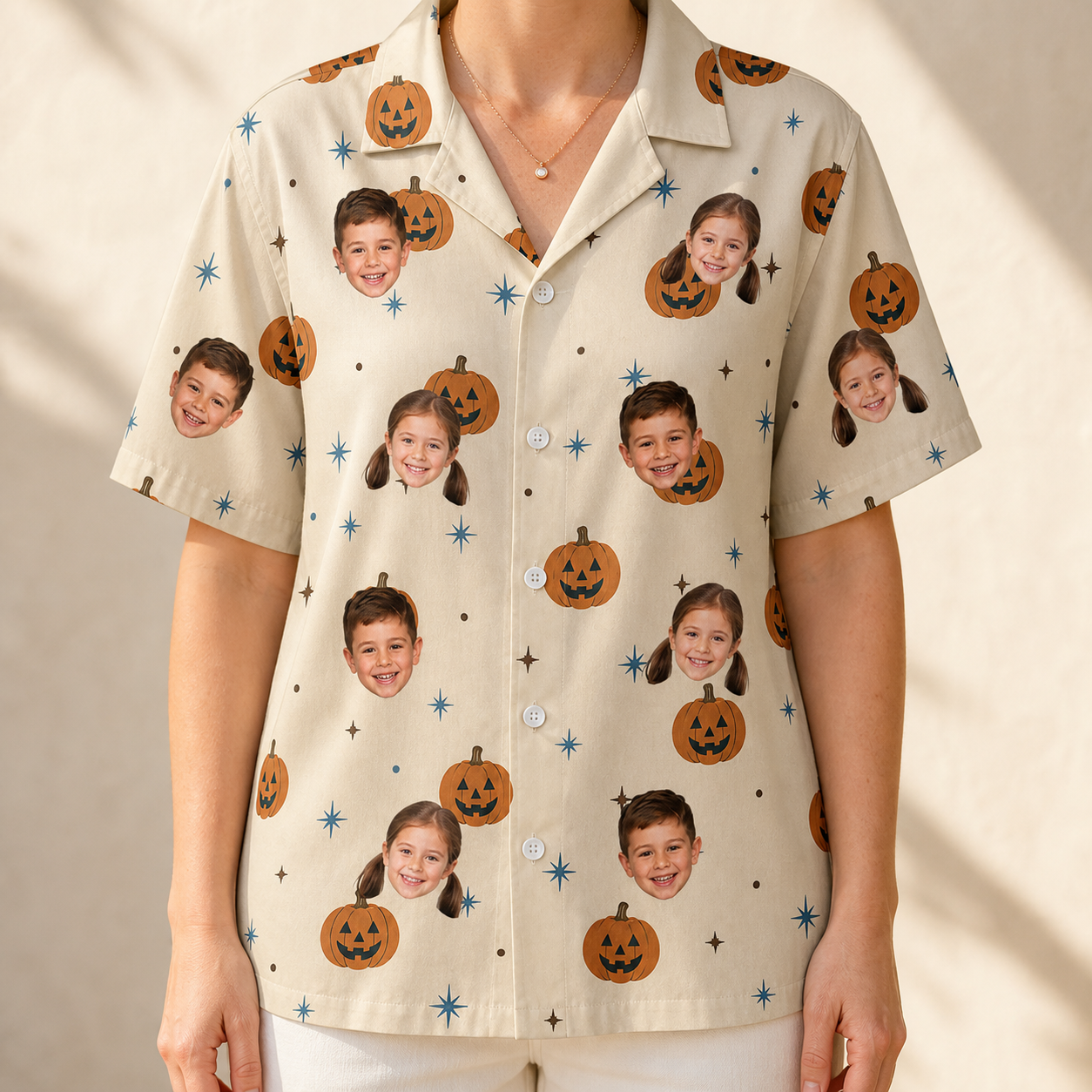 Model wearing Women's Lantern Laughs Custom Face Hawaiian Shirt printed with kids' faces