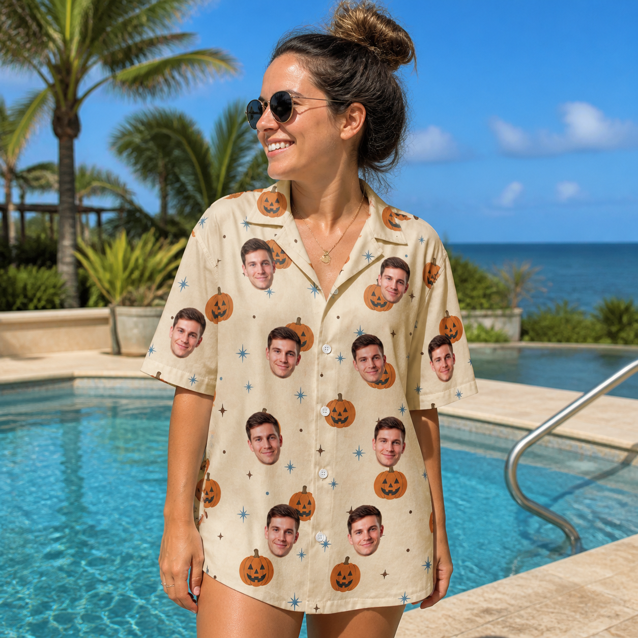 Real-life photo of someone wearing Women's Lantern Laughs Custom Face Hawaiian Shirt — custom faces printed all-over