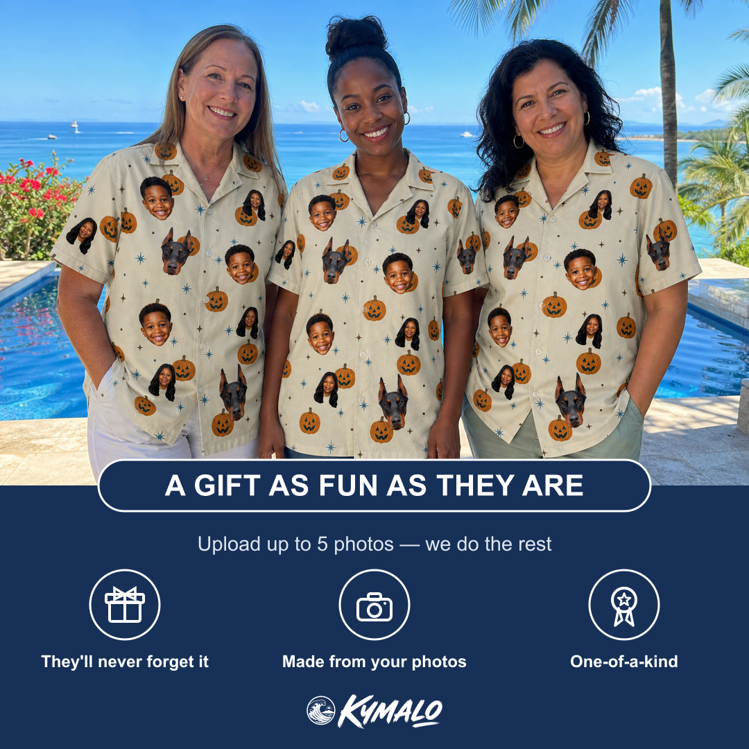 Friends in matching Women's Lantern Laughs Custom Face Hawaiian Shirt — a group gift photo