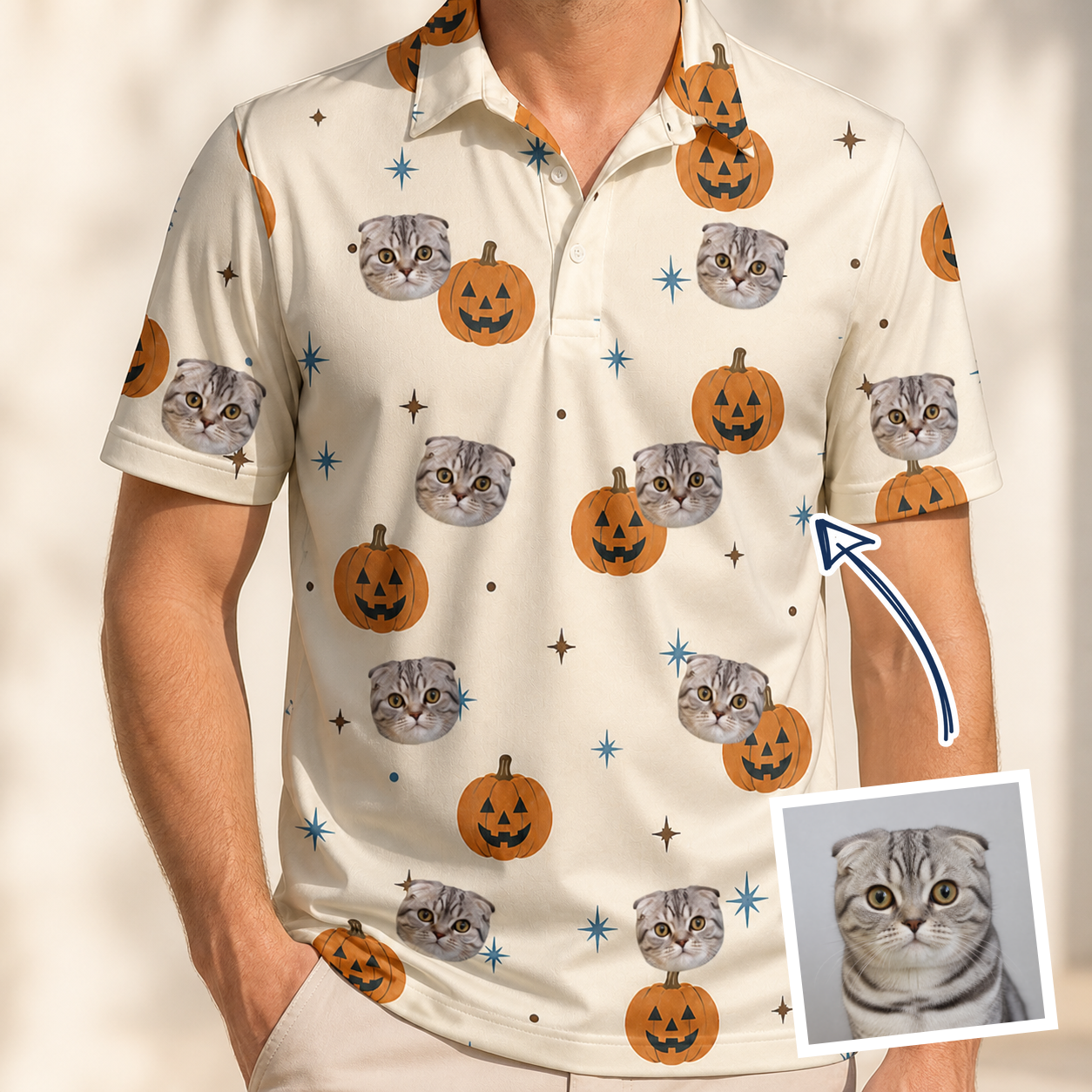 Man wearing Men's Lantern Laughs Custom Cat Face Polo Shirt — custom faces printed all-over