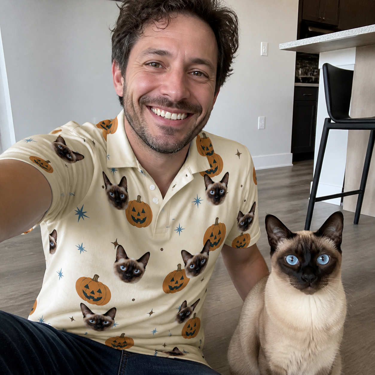 Selfie with the pet whose face is printed all over this Men's Lantern Laughs Custom Cat Face Polo Shirt