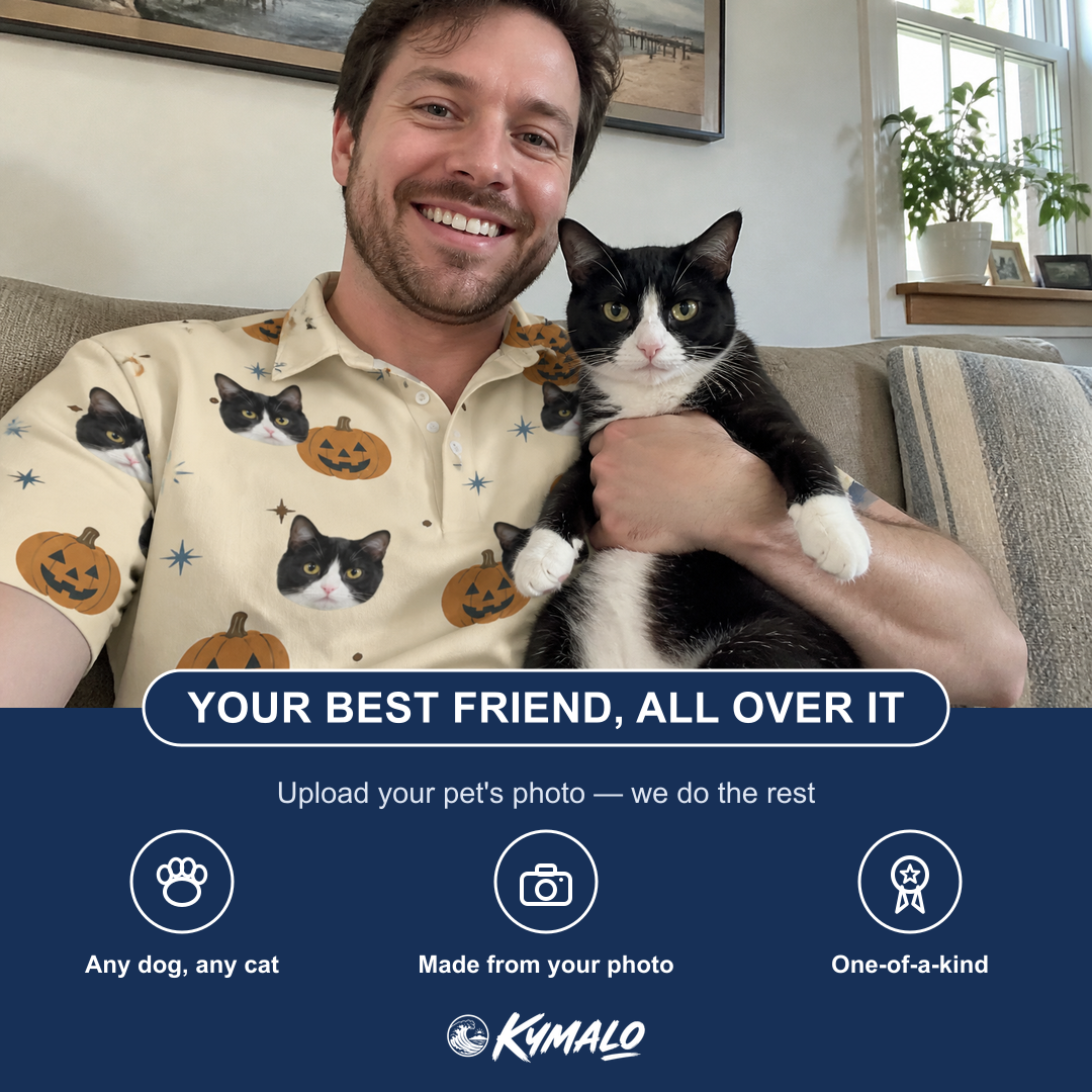 Friends in matching Men's Lantern Laughs Custom Cat Face Polo Shirt — a group gift photo