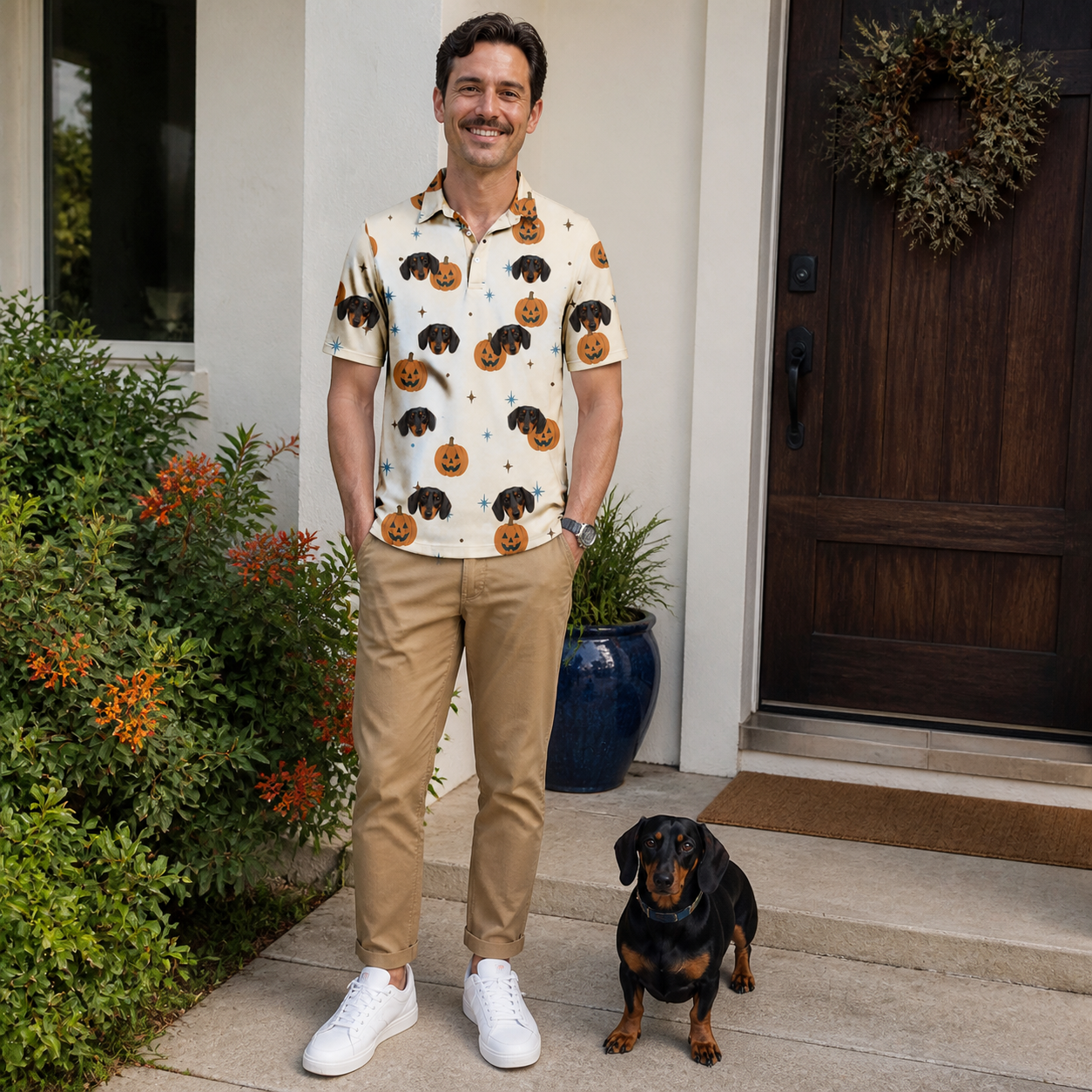 Full-length photo with the pet printed all over this Men's Lantern Laughs Custom Dog Face Polo Shirt