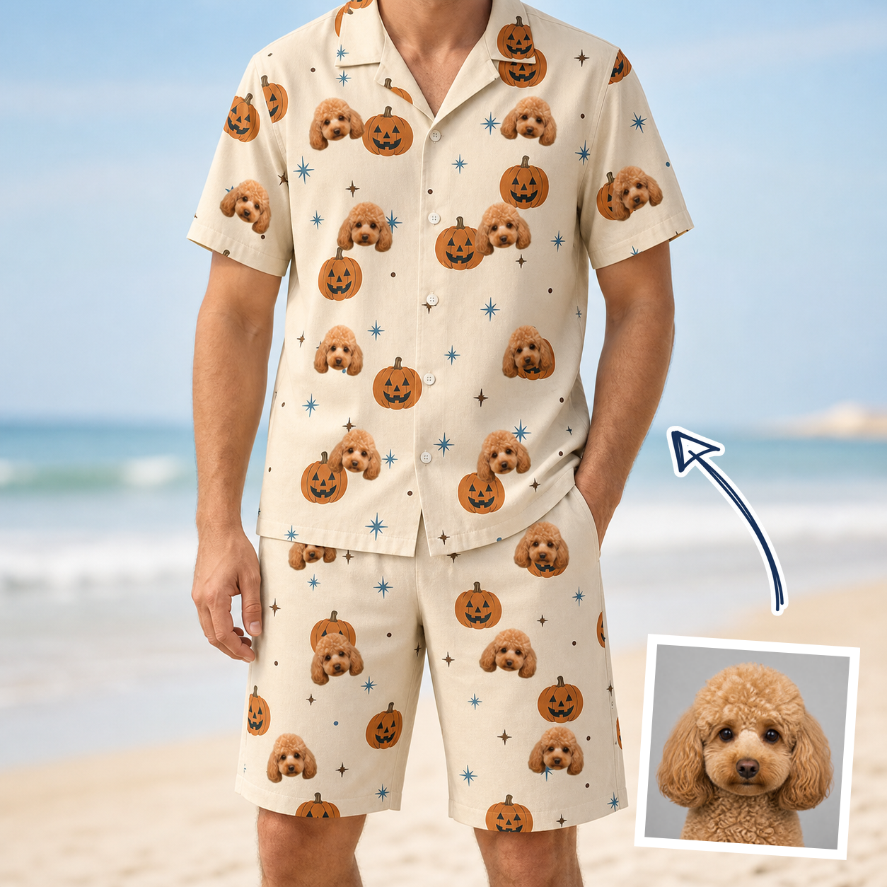 Man wearing Men's Lantern Laughs Custom Dog Face Shirt & Shorts Set — custom faces printed all-over