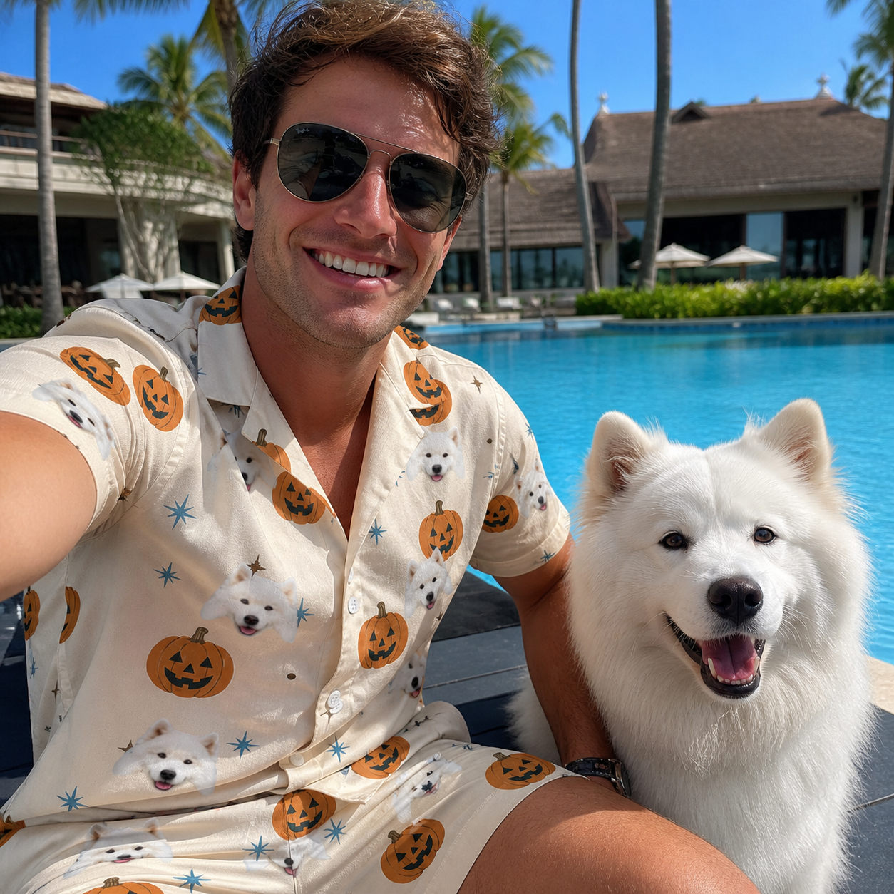 Selfie with the pet whose face is printed all over this Men's Lantern Laughs Custom Dog Face Shirt & Shorts Set