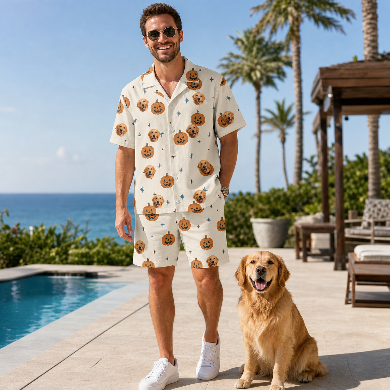 Full-length photo with the pet printed all over this Men's Lantern Laughs Custom Dog Face Shirt & Shorts Set