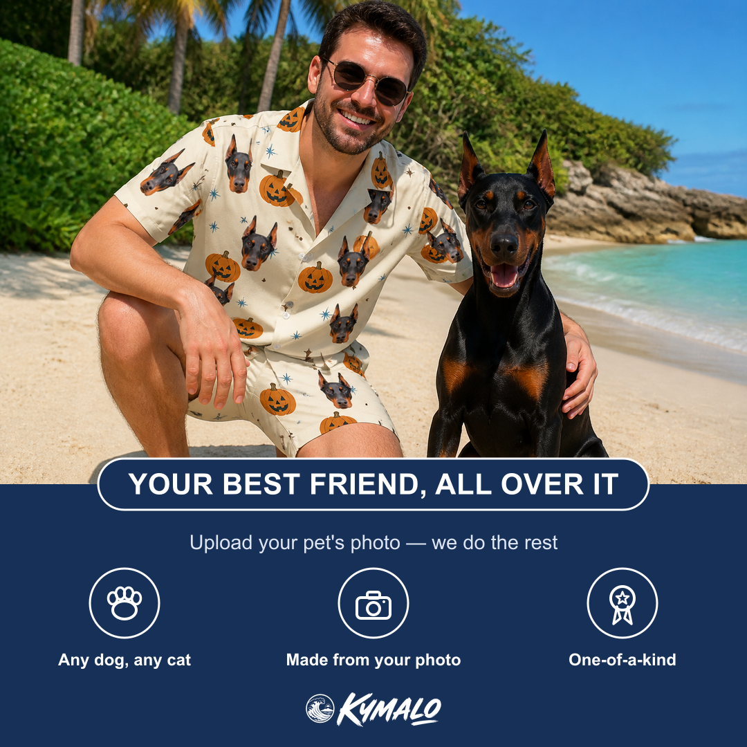 Friends in matching Men's Lantern Laughs Custom Dog Face Shirt & Shorts Set — a group gift photo