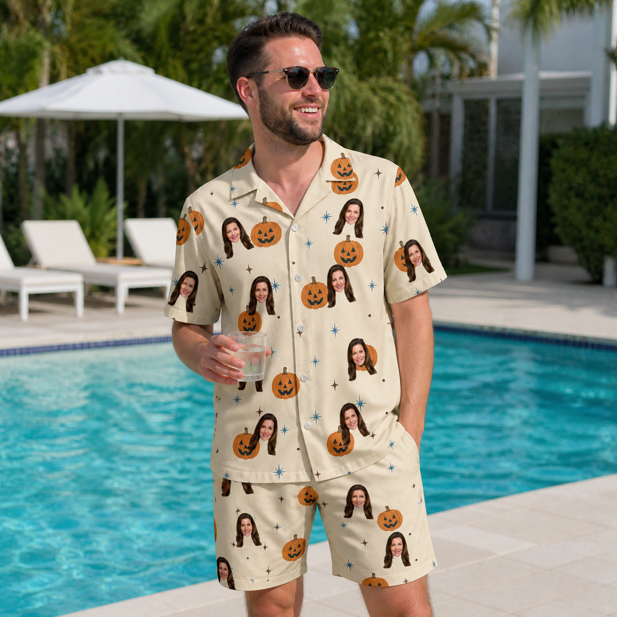 Real-life photo of someone wearing Men's Lantern Laughs Custom Face Shirt & Shorts Set — custom faces printed all-over