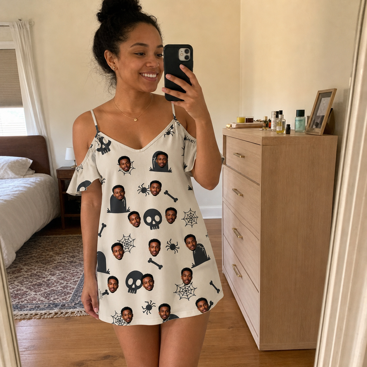 Real-life photo of someone wearing Women's Cryptic Crawlies Custom Face Off-Shoulder Dress — custom faces printed all-over