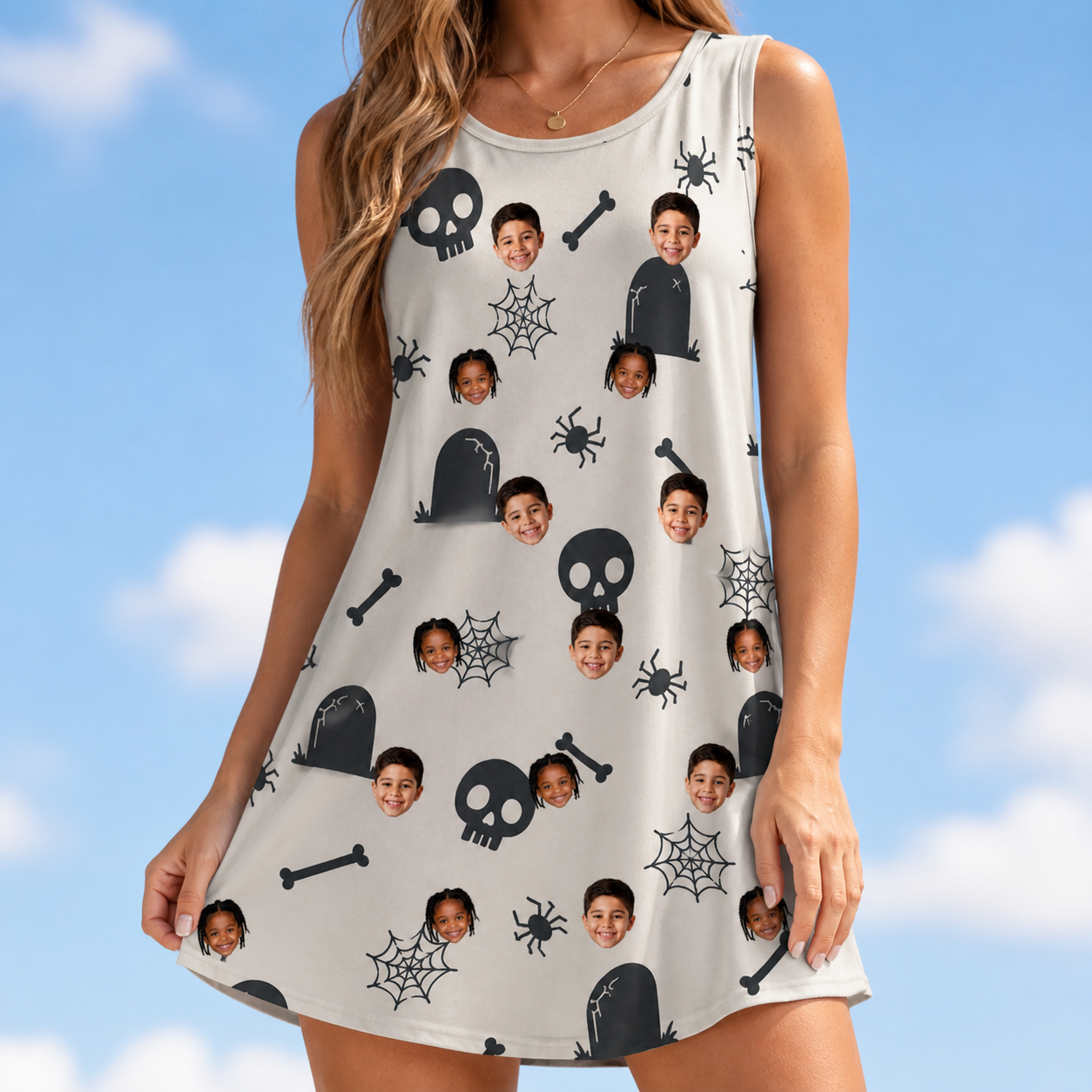 Model wearing Women's Cryptic Crawlies Custom Face Tank Dress printed with kids' faces