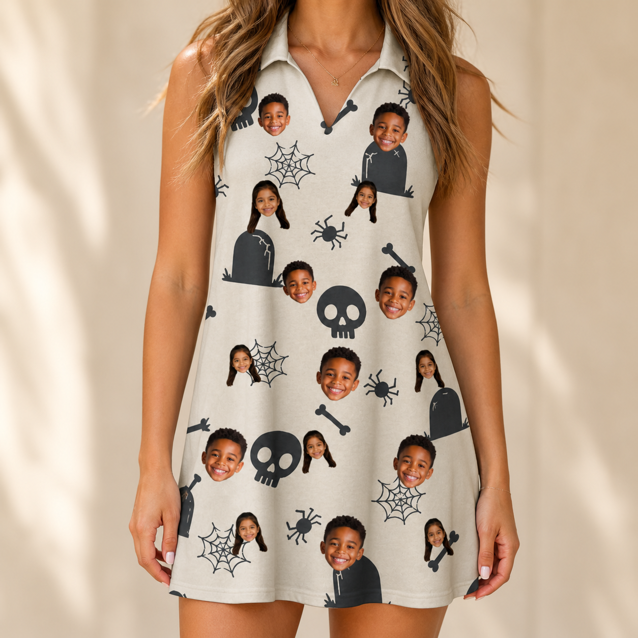 Model wearing Women's Cryptic Crawlies Custom Face V-Neck Dress printed with kids' faces