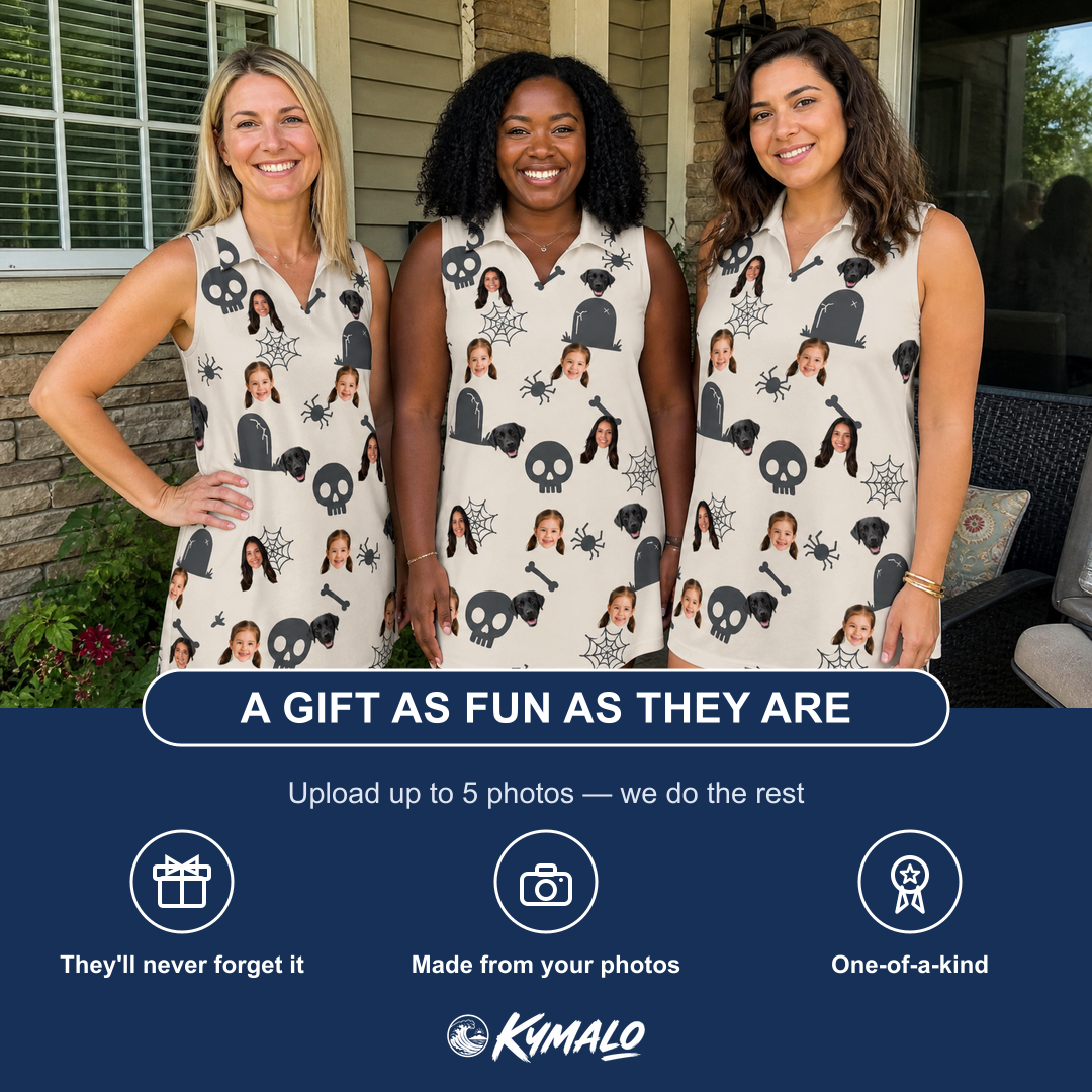 Friends in matching Women's Cryptic Crawlies Custom Face V-Neck Dress — a group gift photo