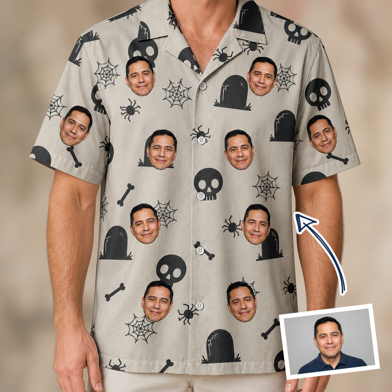 Man wearing Men's Cryptic Crawlies Custom Face Hawaiian Shirt — custom faces printed all-over