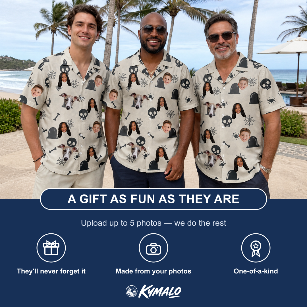 Friends in matching Men's Cryptic Crawlies Custom Face Hawaiian Shirt — a group gift photo