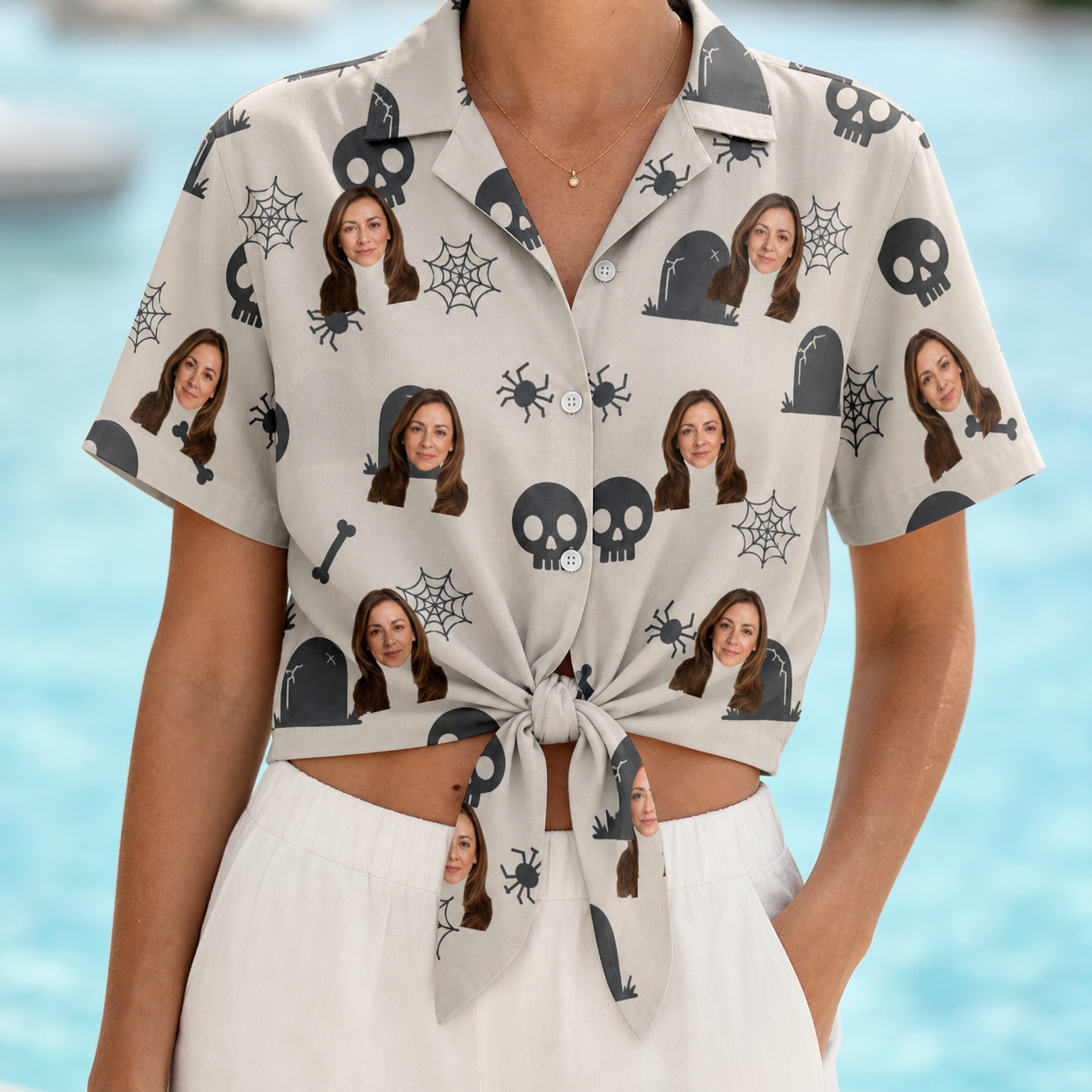 Woman wearing Women's Cryptic Crawlies Custom Face Hawaiian Shirt tied at the waist