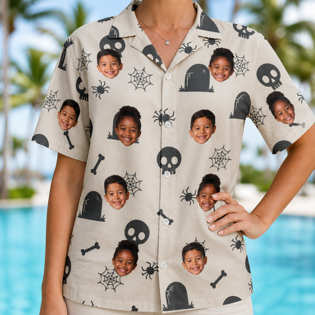 Model wearing Women's Cryptic Crawlies Custom Face Hawaiian Shirt printed with kids' faces