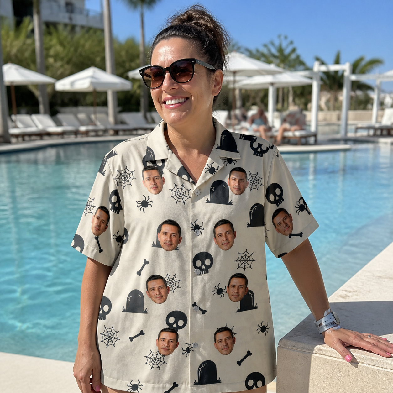 Real-life photo of someone wearing Women's Cryptic Crawlies Custom Face Hawaiian Shirt — custom faces printed all-over