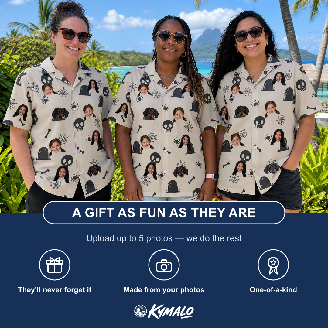 Friends in matching Women's Cryptic Crawlies Custom Face Hawaiian Shirt — a group gift photo