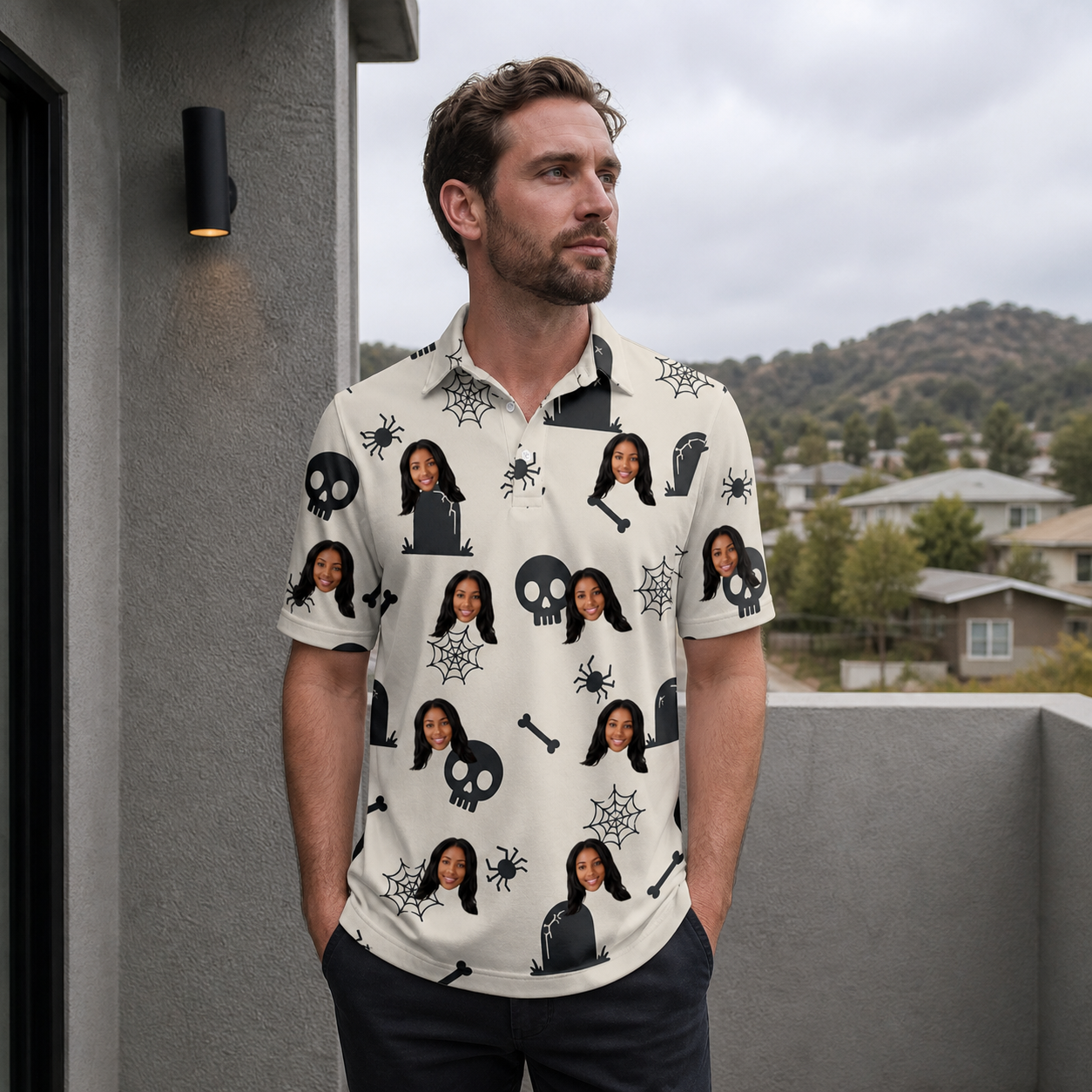 Real-life photo of someone wearing Men's Cryptic Crawlies Custom Face Polo Shirt — custom faces printed all-over