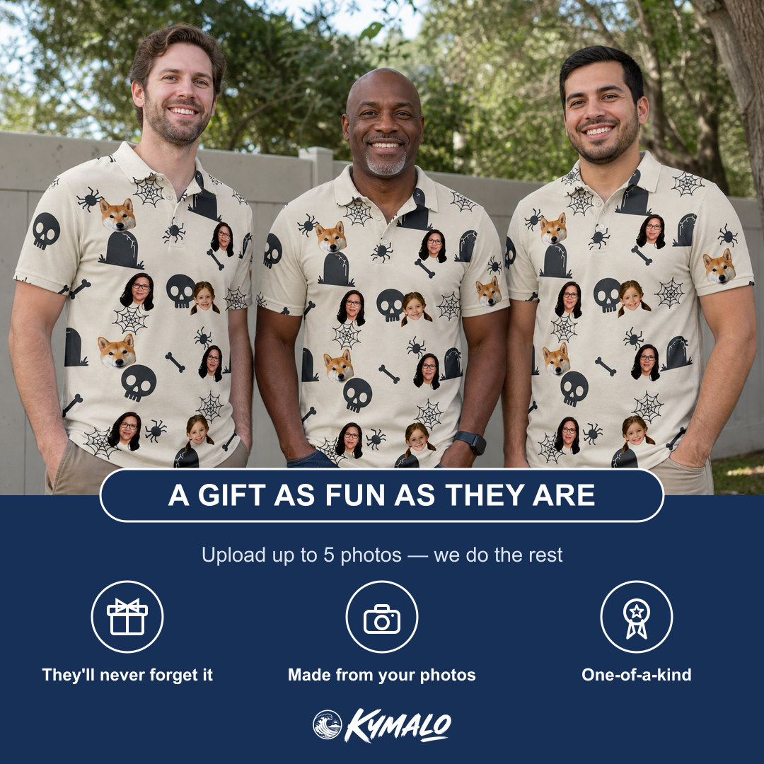 Friends in matching Men's Cryptic Crawlies Custom Face Polo Shirt — a group gift photo
