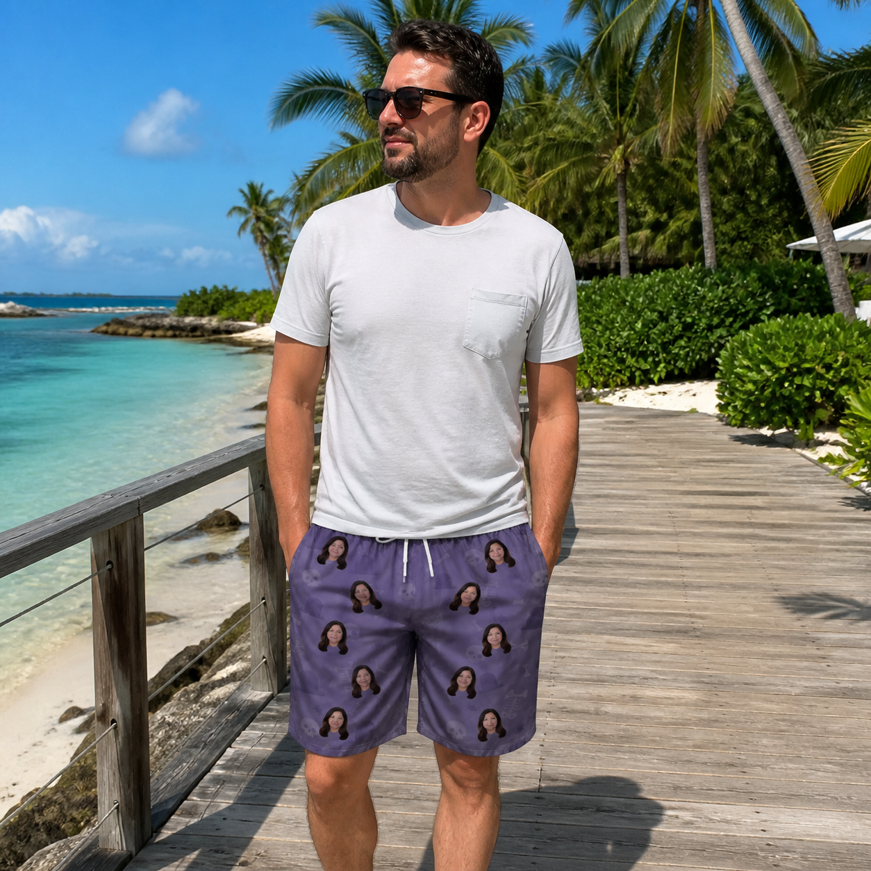 Real-life photo of someone wearing Men's Cemetery Chuckles Custom Face Beach Shorts — custom faces printed all-over