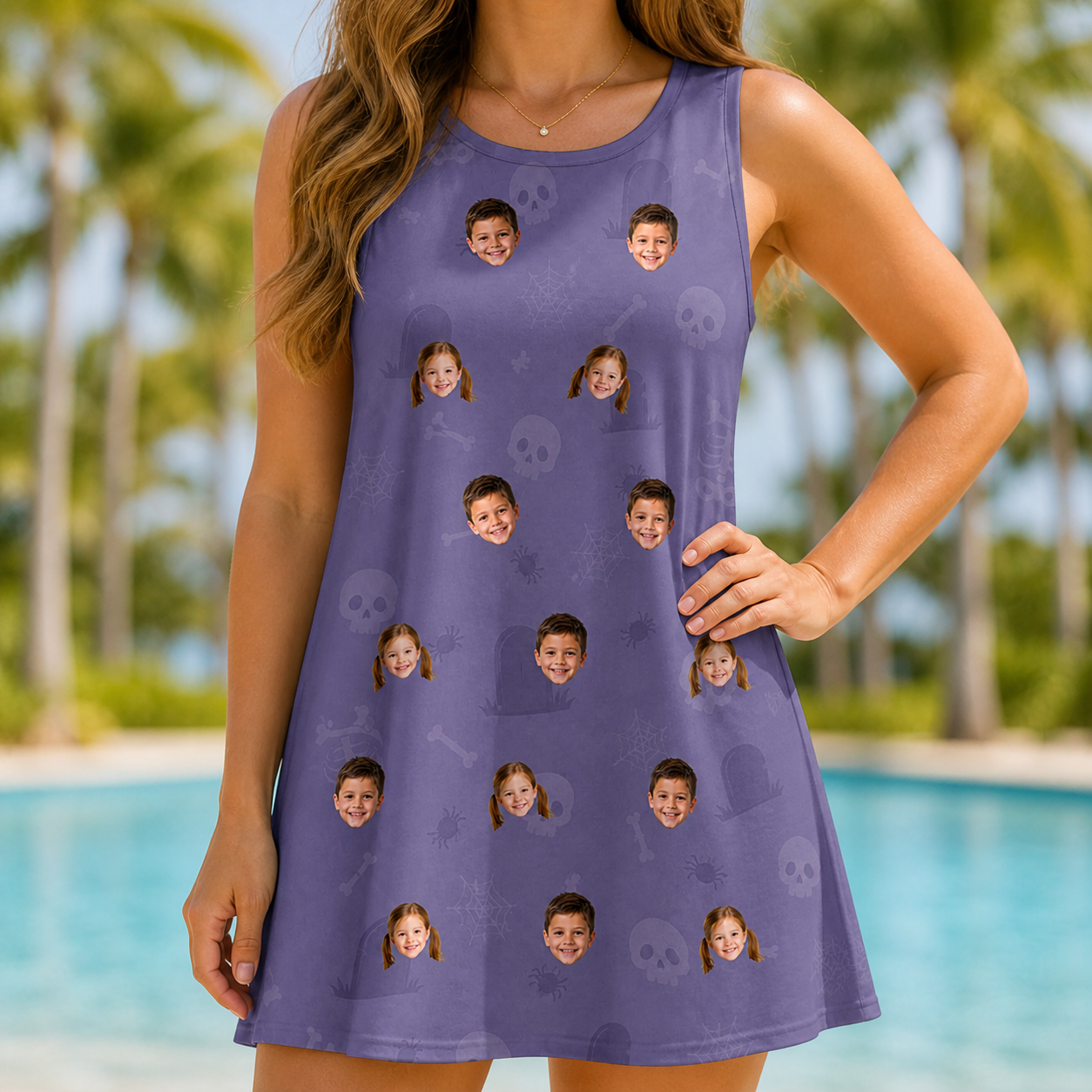 Model wearing Women's Cemetery Chuckles Custom Face Tank Dress printed with kids' faces
